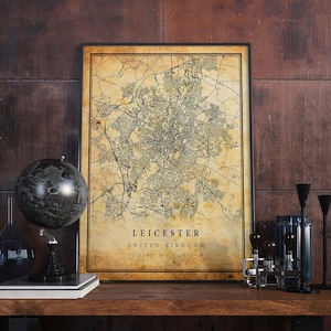 Leicester Vintage Map Poster Wall Art | City Artwork Print | Antique, rustic, old style Home Decor | United Kingdom prints gift | M486