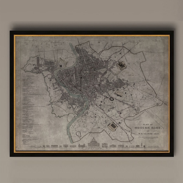 Rome Map, Vintage Map of Rome, Italy, Vintage Wall Art, Home Decor, Framed Options Available, Circa 19th C., AM49