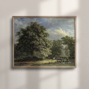 Vintage Oak Tree Landscape Oil Painting: Farmhouse Horse Scene Art