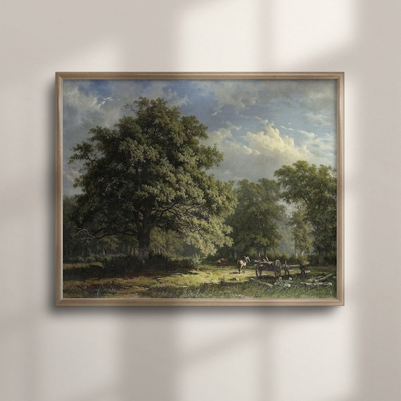 Vintage Oak Tree Landscape Oil Painting: Farmhouse Horse Scene Art