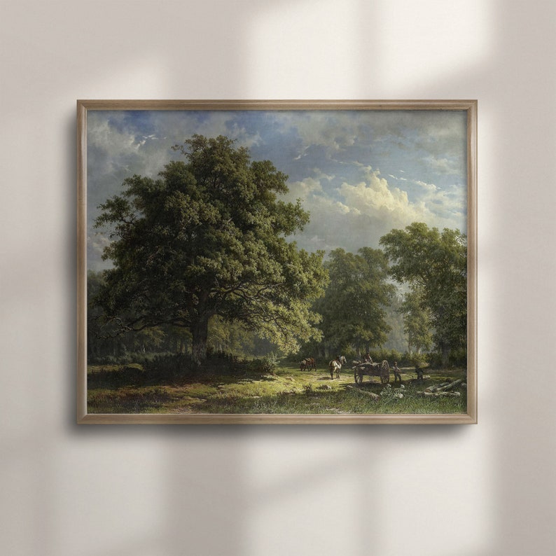 Vintage Oak Tree Landscape Oil Painting: Farmhouse Horse Scene Art imagen 1