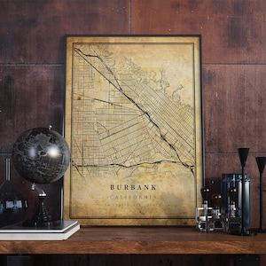 Póster de mapa vintage de Burbank, arte mural, impresión de arte urbano, decoración del hogar antigua, rústica y de estilo antiguo, impresiones de California, regalo, VM290