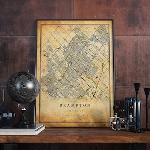 Póster de mapa vintage de Brampton, arte mural, impresión de arte urbano, decoración del hogar antigua, rústica y de estilo antiguo, regalo de impresiones de Ontario, M316