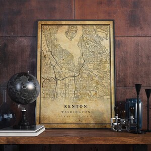 Renton Vintage Karte Poster Wandkunst | Kunstdruck | Antike, rustikale, alte Stil Wohnkultur | Washington Drucke Geschenk | VM304
