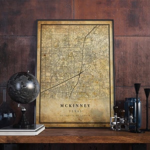 Póster de mapa vintage de McKinney, arte mural, impresión de arte urbano, decoración del hogar antigua, rústica y de estilo antiguo, impresiones de Texas, regalo, VM147
