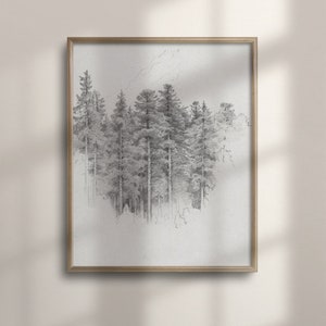 Pine Tree Forest Sketch, Black and White Wall Art, Vintage Tree Illustration, Forest Drawing Poster, C16-816