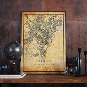 Cardiff Vintage Karte Poster Wandkunst | Stadt Kunstwerk Druck | Antike, rustikale, alte Wohnkultur | Vereinigtes Königreich Drucke Geschenk | M479