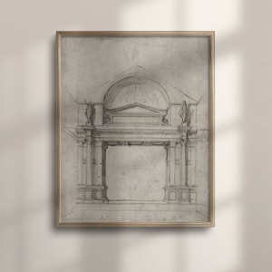 Minimalist Architecture Sketch, Vintage Drawing, Antique Art, Neutral Wall Decor, Earth Tone, Vintage Modern Art, Ornamental, C16-831