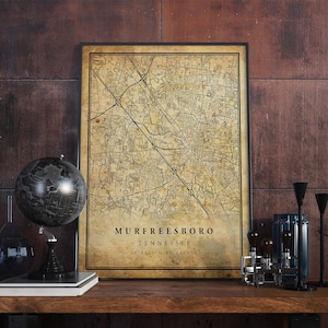 Affiche vintage de carte de Murfreesboro, art mural | Impression d'oeuvres d'art de la ville | Décoration d'intérieur antique, rustique et de style ancien | Cadeau imprimé Tennessee | VM205