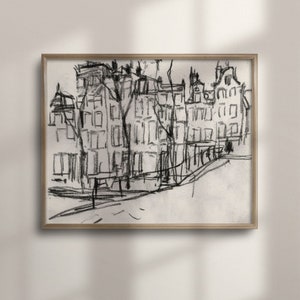 Amsterdam Cityscape Sketch, Vintage Wall Art, Abstract Line Art, Antique Architecture Drawing, Neutral Tone Poster, C16-56
