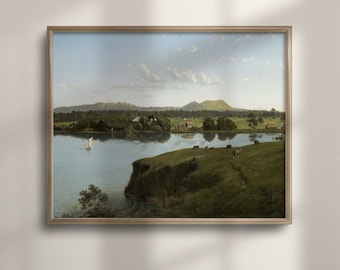 Vintage Lake Landscape Art Print: Rustic Lodge Decor