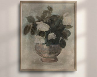 Vintage Roses Painting: Neutral Floral Still Life Art Print