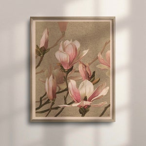 Vintage Pink Magnolia Art Print: Botanical Farmhouse Wall Decor