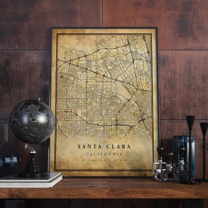 Póster de mapa vintage de Santa Clara, arte de pared, impresión de arte urbano, decoración del hogar antigua, rústica y de estilo antiguo, impresiones de California, regalo, VM219