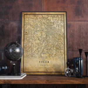 Póster de mapa vintage de Tyler, arte de pared, impresión de arte urbano, decoración del hogar antigua, rústica y de estilo antiguo, impresiones de Texas, regalo, VM287