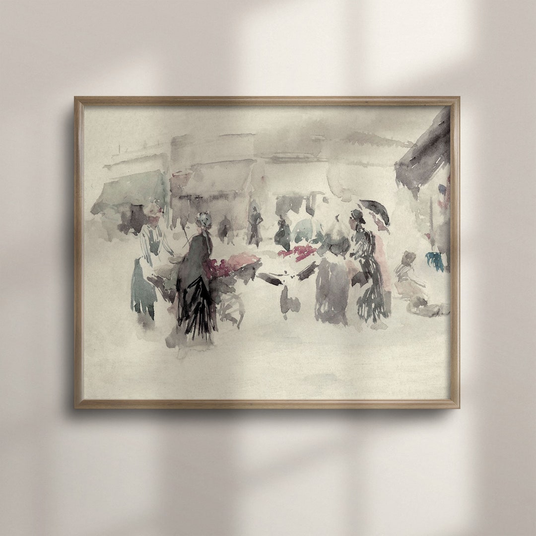 Vintage Watercolor Painting, Antique Flower Market Art, Neutral Wall ...