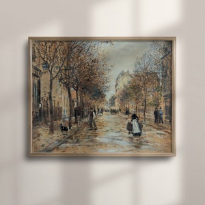 Antique French Village Street Painting: Vintage Country Decor