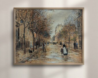 Antique French Village Street Painting: Vintage Country Decor