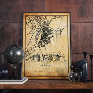Macau Vintage Map Poster Wall Art | City Artwork Print | Antique, rustic, old style Home Decor | China prints gift | M673