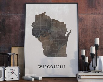 Wisconsin vintage style map print, Wisconsin map poster,  gift, Wisconsin wall art decor, map gift, gift for older woman, VO56