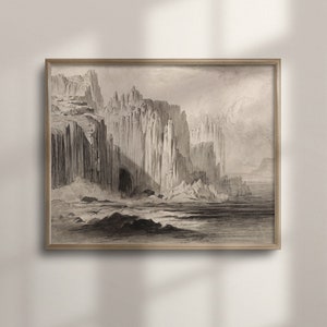 Antique Coastal Cliff Drawing, Seascape Art Print, Vintage Coastal Wall Decor, Muted Color Palette, C16-681