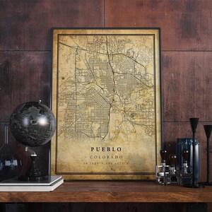 Póster de mapa vintage de Pueblo, arte de pared, impresión de arte urbano, decoración del hogar antigua, rústica y de estilo antiguo, impresiones de Colorado, regalo, VM266
