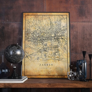 Affiche vintage de carte de Zagreb, art mural | Impression d'oeuvres d'art de la ville | Décoration d'intérieur antique, rustique et de style ancien | Cadeau imprimé Croatie | M553