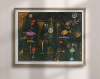 Fish Magic Print: Paul Klee Abstract Wall Art, Colorful Fish and Clock Dream Scene