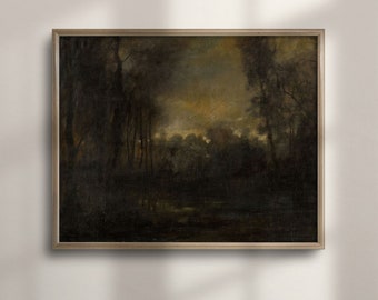 Rustic Forest Landscape Art: Moody Dark Academia Vintage Oil Painting