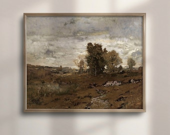 Vintage Fall Landscape Art Print: Antique Field Painting