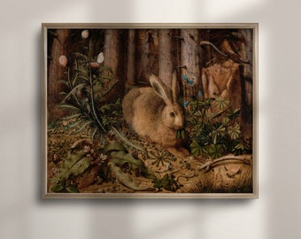 Antique Rabbit Painting Art Print: Vintage Woodland Decor