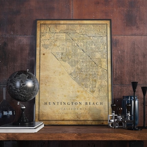 Póster de mapa vintage de Huntington Beach, arte de pared, impresión de arte urbano, decoración del hogar antigua, rústica y de estilo antiguo, impresiones de California, regalo, VM114