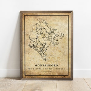 Montenegro vintage kaart poster print, land straat wegenkaart kunst aan de muur, land poster, landkaart, C15-83