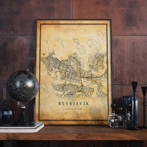 Plakat ścienny z mapą Reykjavík Vintage | Grafika miejska | Antyczny, rustykalny, stary styl Wystrój domu | Prezent z wydrukami Islandii | M655