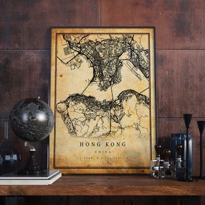 Hong Kong Vintage Map Poster Wall Art | City Artwork Print | Antique, rustic, old style Home Decor | China prints gift | M670