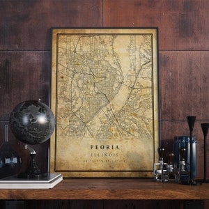 Póster de mapa vintage de Peoria, arte de pared, impresión de arte urbano, decoración del hogar antigua, rústica y de estilo antiguo, impresiones de Illinois, regalo, VM244