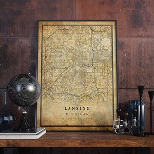 Póster de mapa vintage de Lansing, arte de pared, impresión de arte urbano, decoración del hogar antigua, rústica y de estilo antiguo, regalo de impresiones de VMichigan, VM239