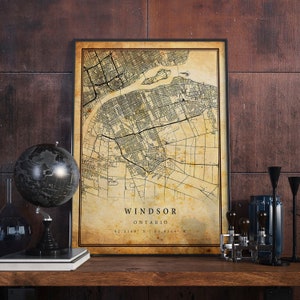 Affiche vintage de carte de Windsor, art mural | Impression d'oeuvres d'art de la ville | Décoration d'intérieur antique, rustique et de style ancien | Cadeau d'imprimés de l'Ontario | M330