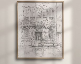 May include: A black and white pencil drawing of a building with a balcony and a gondola in front of it.