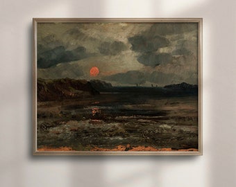 Puede incluir: Una pintura de un paisaje marítimo con un gran sol rojo poniéndose sobre el horizonte. El cielo está lleno de nubes oscuras y el agua está agitada. La pintura está enmarcada en un marco de madera simple.