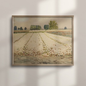 Antique Farmhouse Art, Vintage Flower Field Painting, French Country Decor, Cottage Decor, Landscape Art, C16-441