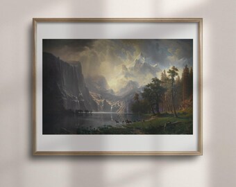 Among the Sierra Nevada Print: Albert Bierstadt Mountain Wall Art, California Lake and Deer Landscape
