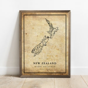 Nieuw-Zeeland vintage kaart poster print, land straat wegenkaart kunst aan de muur, land poster, landkaart, C15-90