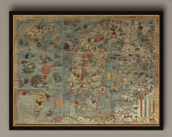 Sea map of a Scandinavia by Olaus Magnus in 1527-39. Carta marina. Sweden, Denmark, Norway, Iceland and Finland.  Antique Reprint., AM11