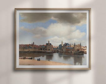 View of Delft Print: Johannes Vermeer Dutch Landscape Wall Art, Quiet Waterfront and Cloudy Sky