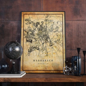 Affiche de carte vintage de Marrakech Art mural | Impression d'œuvres d'art de la ville | Décoration d'intérieur antique, rustique et de style ancien | Maroc imprime cadeau | M719