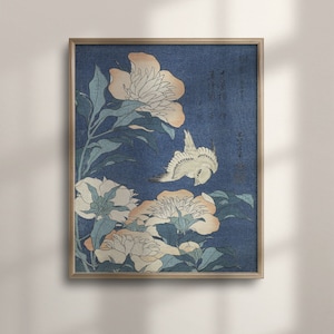 Hokusai Canary and Peonies Print: Japanese Ukiyo-e Art Poster