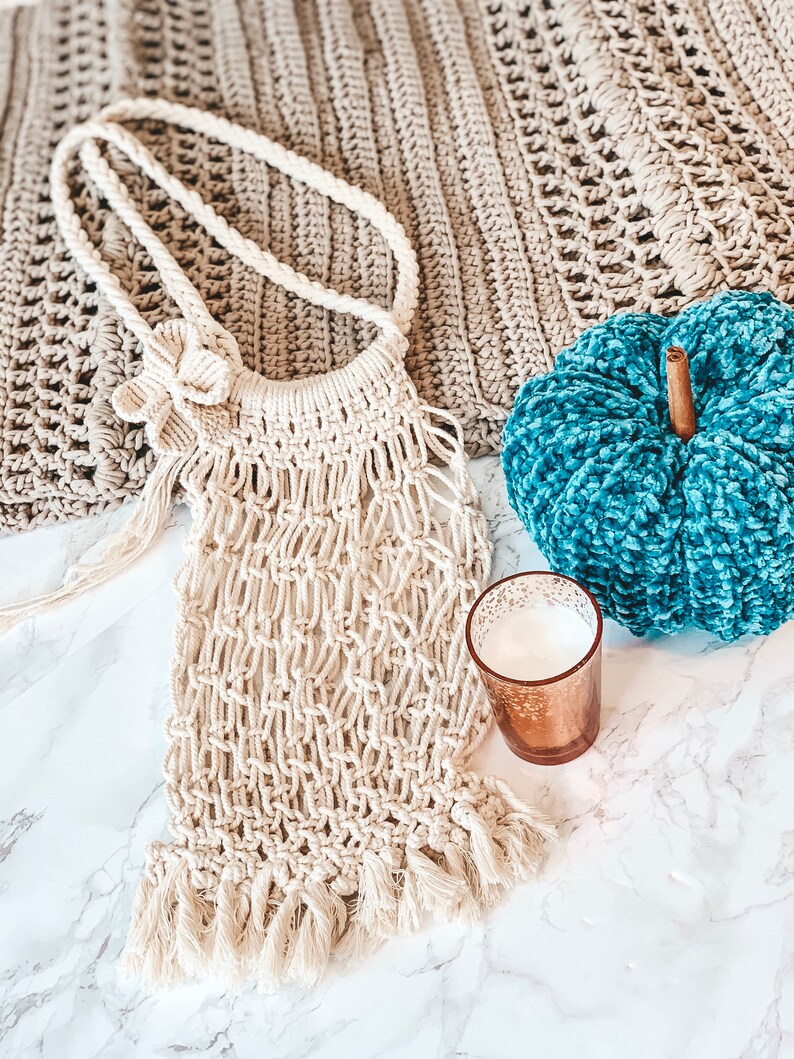 Macrame Market Bag with Flower and Fringe | Boho Produce Bag | F Macrame Market Bag with Flower and Fringe | Boho Produce Bag | F