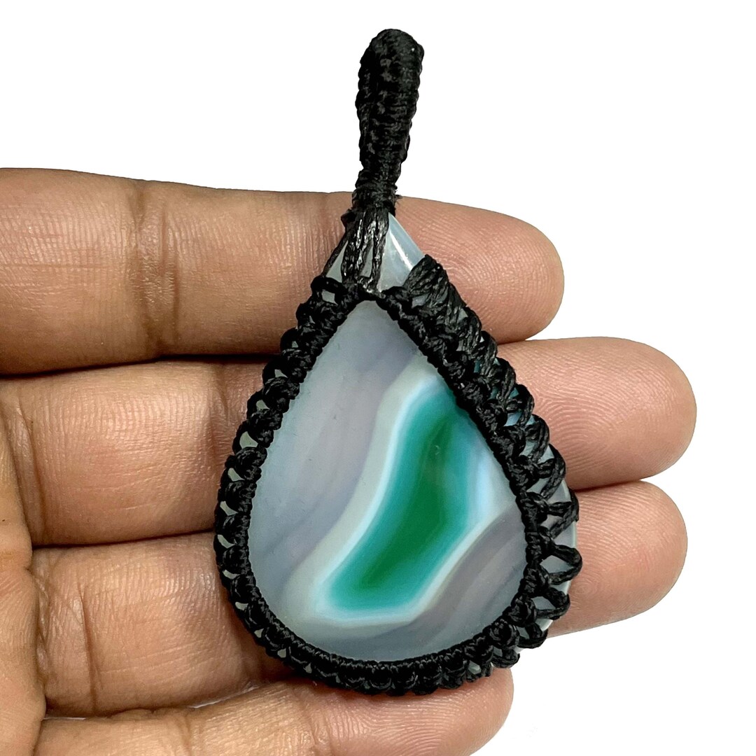 Macrame Green Banded Agate Pear Pendant - Boho Gemstone - Etsy