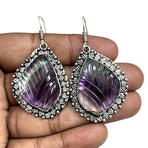 Pendientes de fluorita multitallada, pendientes de fluorita natural hechos a mano en plata de ley 925, regalo de cumpleaños para mujer, regalo de joyería para ella.